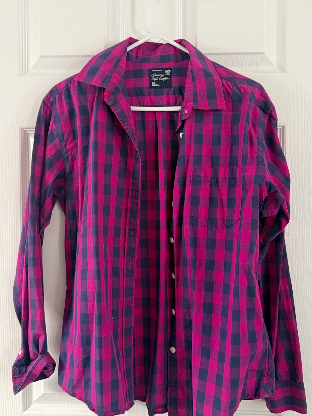 American Eagle Outfitters Fuchsia and Navy Plaid Button-Down Shirt
